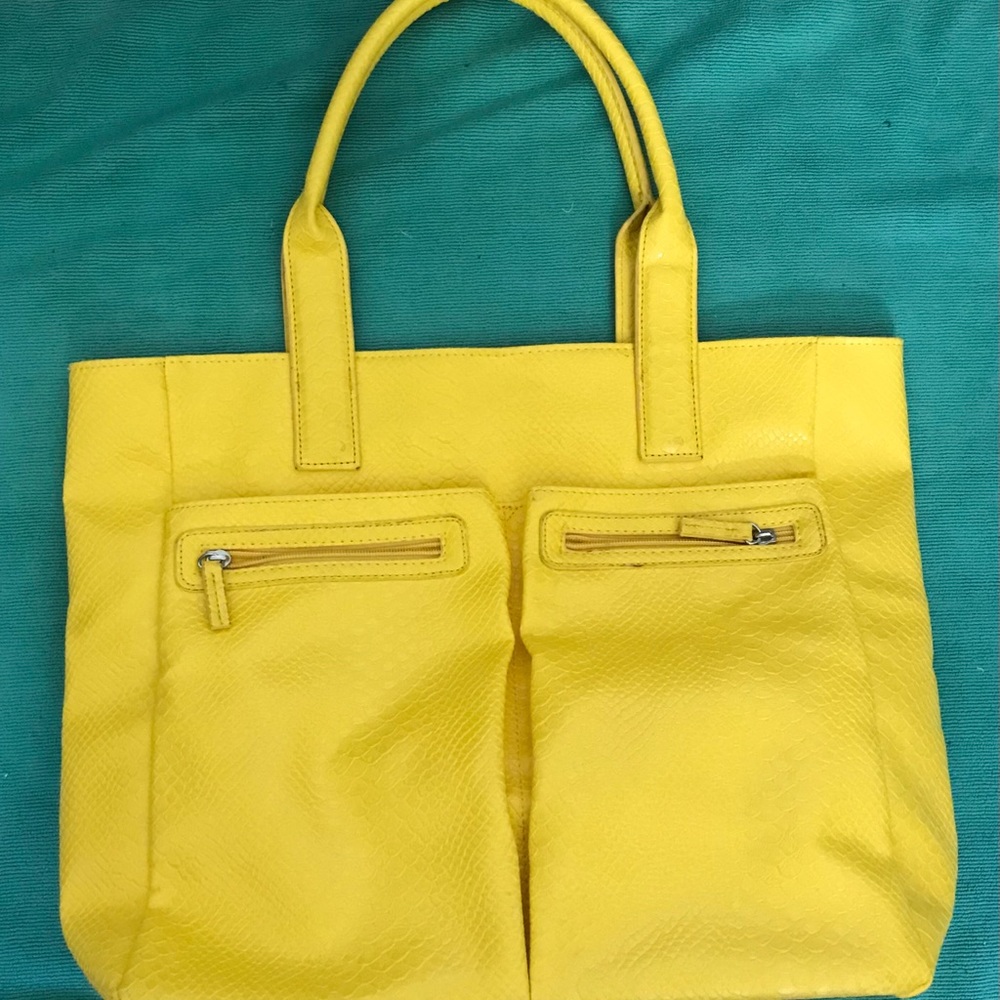Neumann Marcus yellow snake faux leather tote